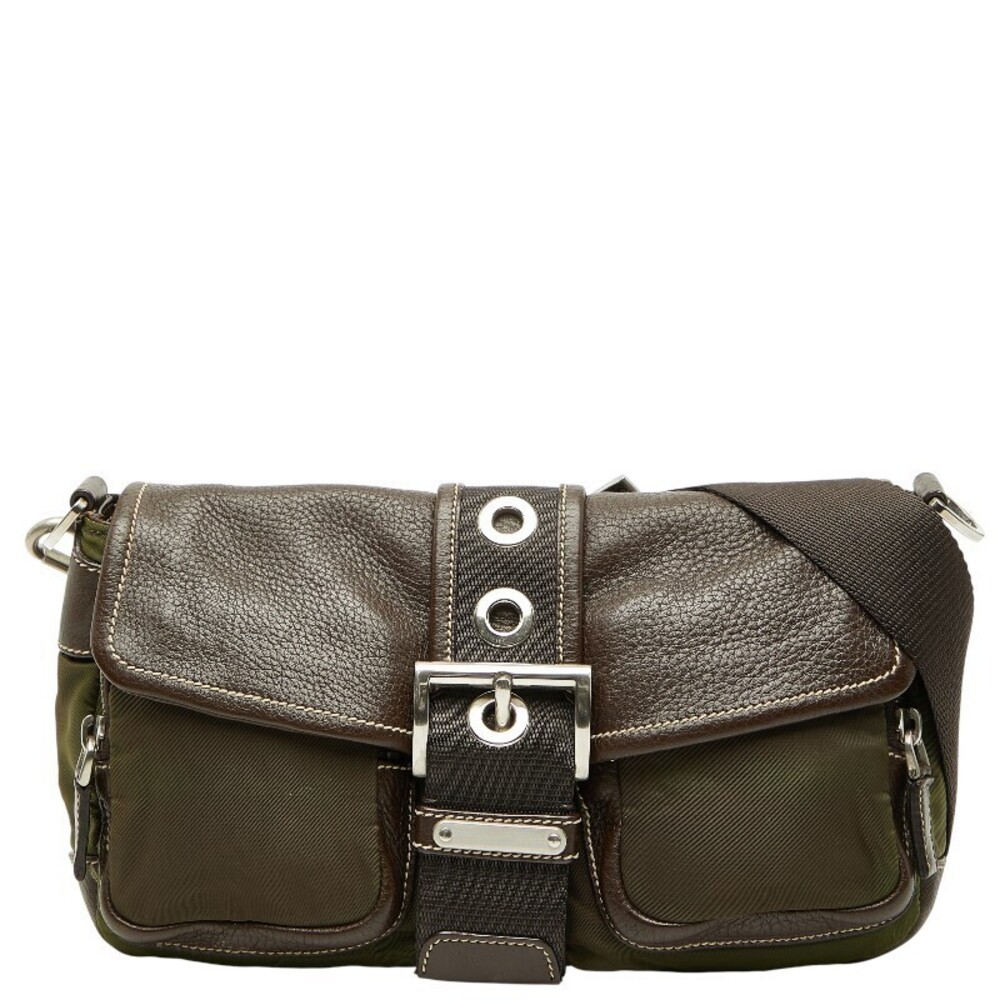 Prada Triangle Plate Hobo Bag Khaki Green Brown Leather